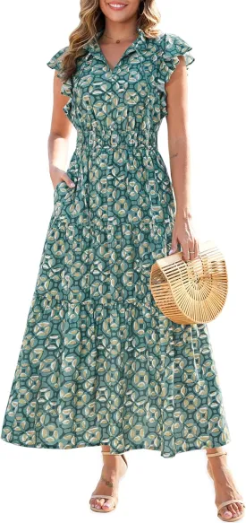 Kranda 2025 Women Summer Self-tie V Neck High Waist Ruffle Cap Sleeve Flowy Tiered Long Boho Floral Maxi Dress with Pockets