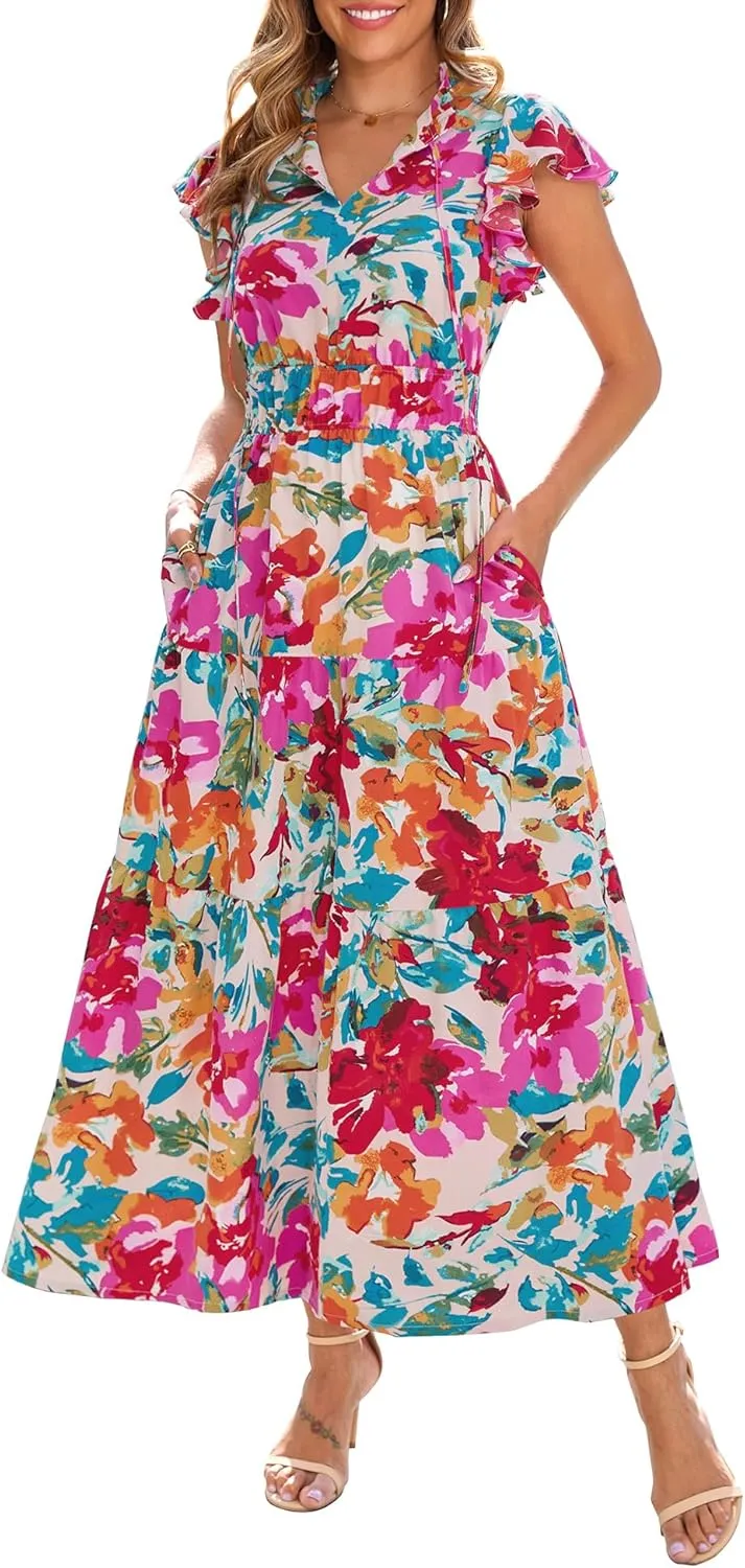 Kranda 2025 Women Summer Self-tie V Neck High Waist Ruffle Cap Sleeve Flowy Tiered Long Boho Floral Maxi Dress with Pockets
