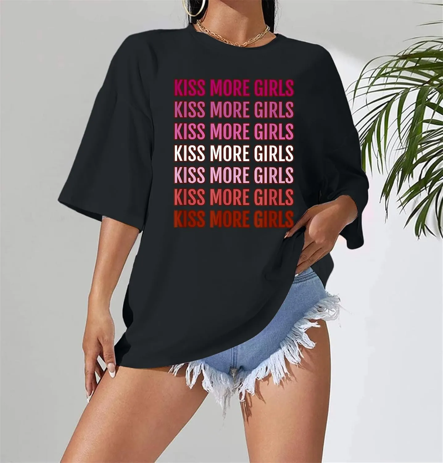 Lesbian Pride Shirt Women Kiss More Girls Shirts for Lesbian Romance LGBT Lovers Funny Letter Print Tee Tops