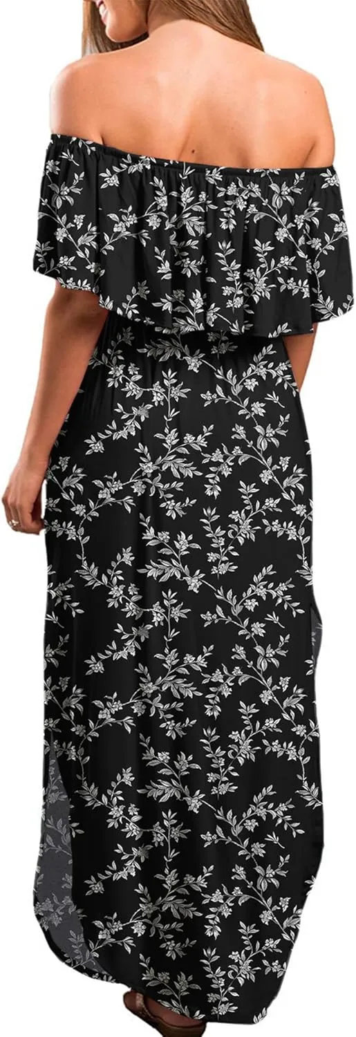 LILBETTER Womens Off The Shoulder Ruffle Party Dresses Side Split Beach Maxi Dress