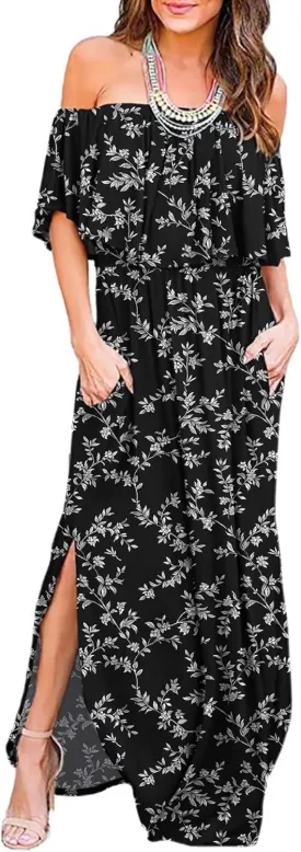 LILBETTER Womens Off The Shoulder Ruffle Party Dresses Side Split Beach Maxi Dress