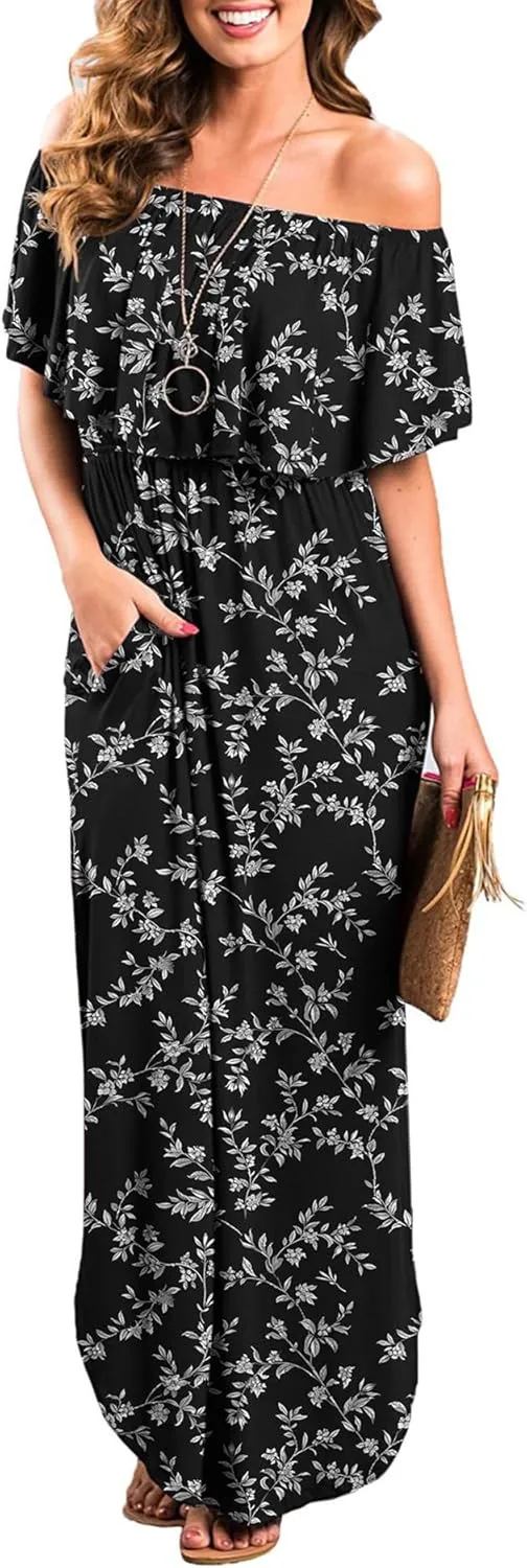 LILBETTER Womens Off The Shoulder Ruffle Party Dresses Side Split Beach Maxi Dress