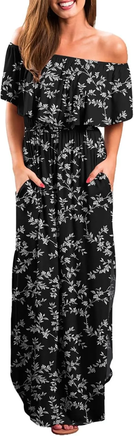 LILBETTER Womens Off The Shoulder Ruffle Party Dresses Side Split Beach Maxi Dress