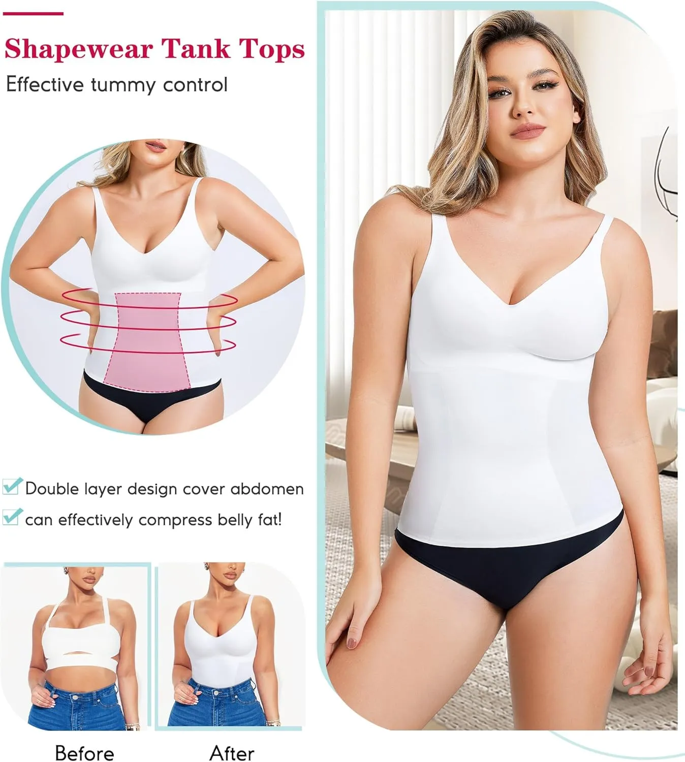 LODAY Compression Tank Tops for Women Tummy Control Shapewear Seamless Body Shaper Workout V-Neck Camisole Cami Tops
