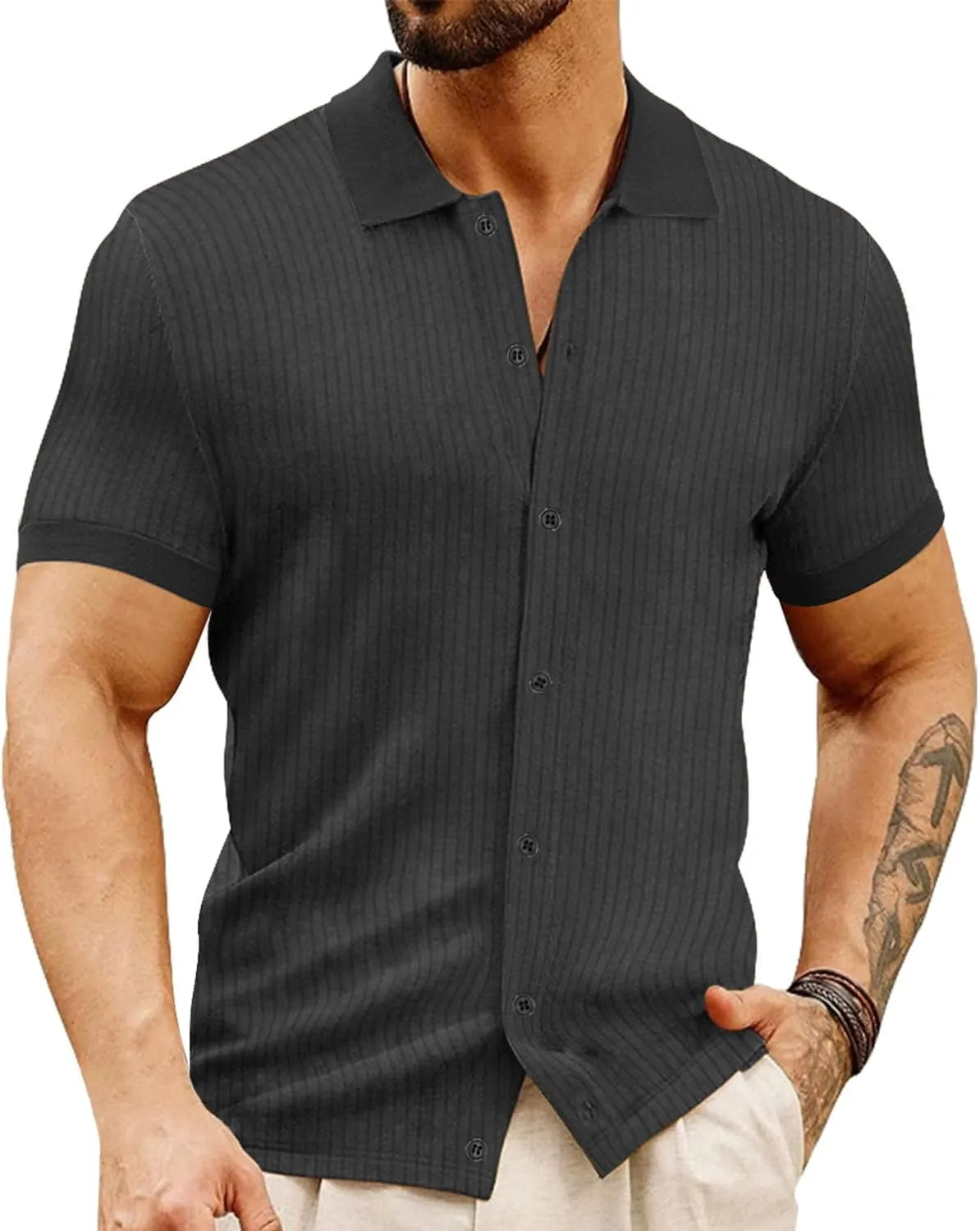 LOGEEYAR Men's Slim Fit Polo Shirts Short Sleeve Breathable Button Down Golf Shirts Ribbed Knit Soft Cotton Tops