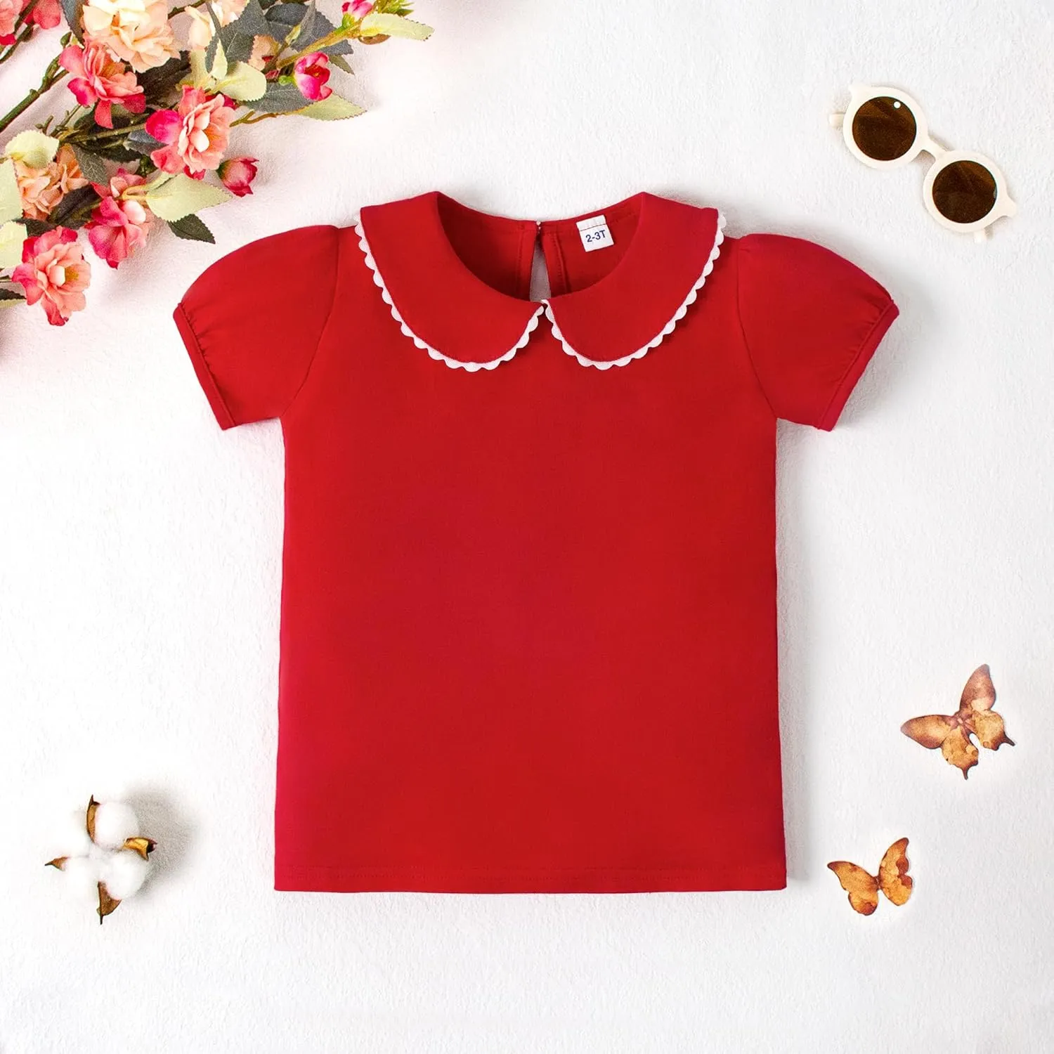 LYSMuch 2-5T Toddler Girls Peter Pan Collar Shirt Puff Short Sleeve Basic Top Blouse Solid Color Tee