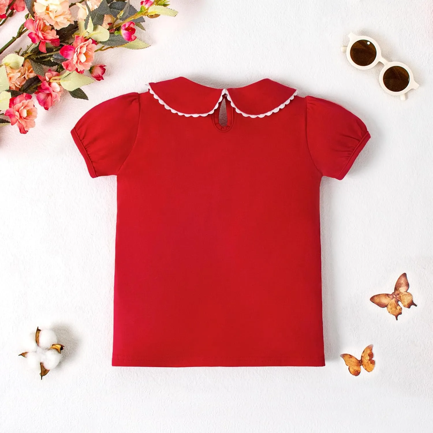 LYSMuch 2-5T Toddler Girls Peter Pan Collar Shirt Puff Short Sleeve Basic Top Blouse Solid Color Tee