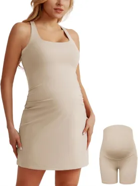 Maacie Maternity Tennis Dress with Shorts and Built in Bra Scoop Neck Sleeveless A-line Workout Golf Dress with Pockets