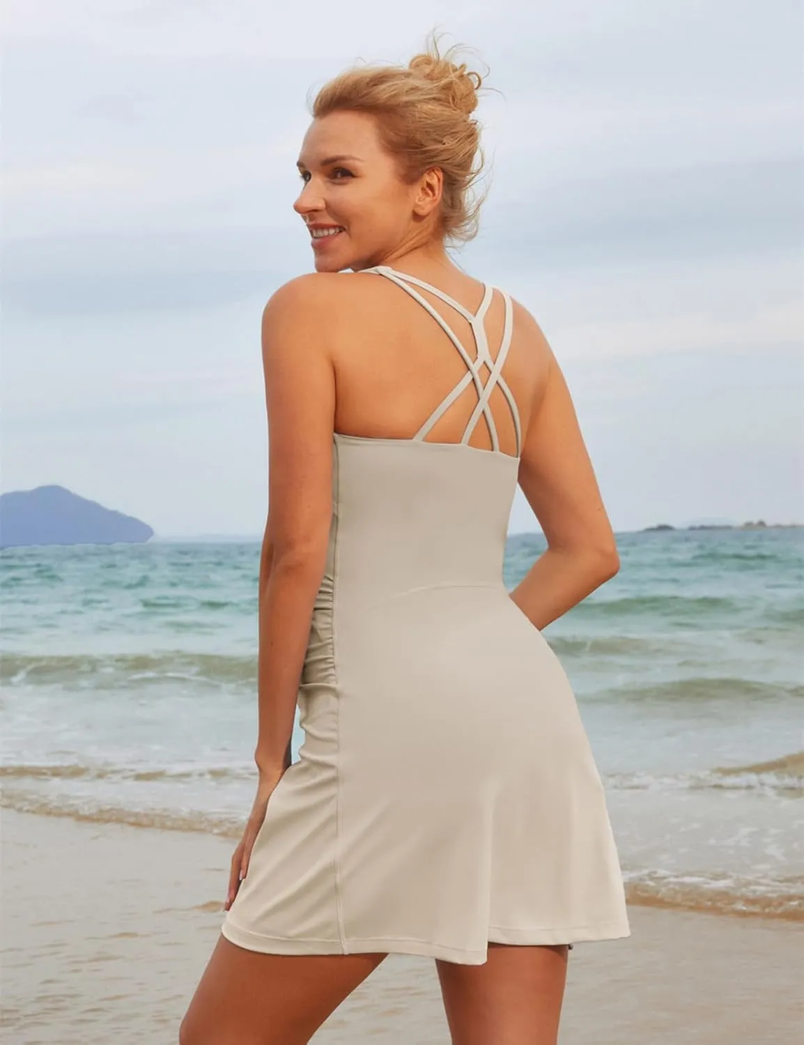 Maacie Maternity Tennis Dress with Shorts and Built in Bra Scoop Neck Sleeveless A-line Workout Golf Dress with Pockets