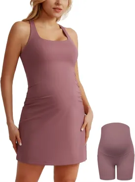 Maacie Maternity Tennis Dress with Shorts and Built in Bra Scoop Neck Sleeveless A-line Workout Golf Dress with Pockets