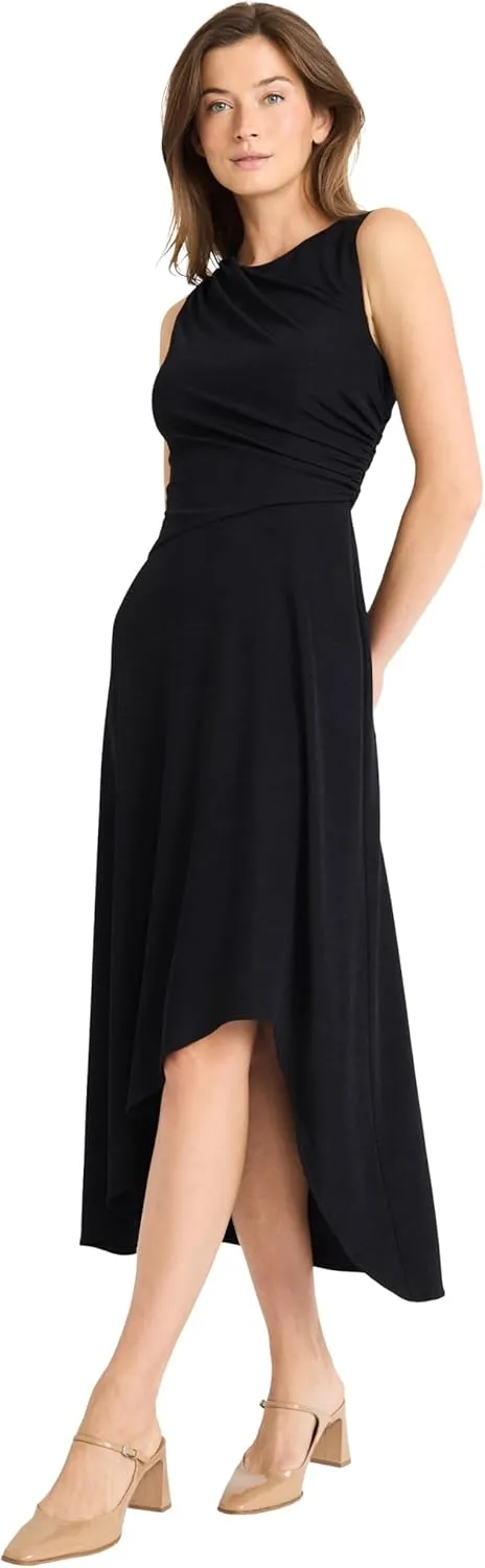 Maggy London Women's Sleeveless Midi Dress-Draped Bodice, High-Low Hem, Elegant A-line Silhouette