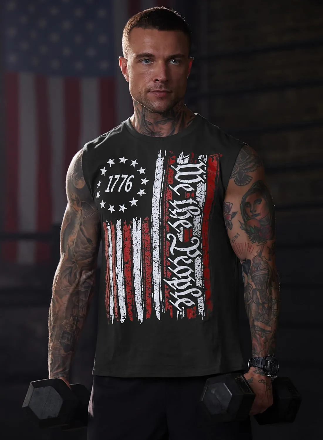 Mainfini Men's Muscle Tank Tops Sleeveless Tee Shirts American Flag Graphic Gym Workout USA Tank (S-3XL)