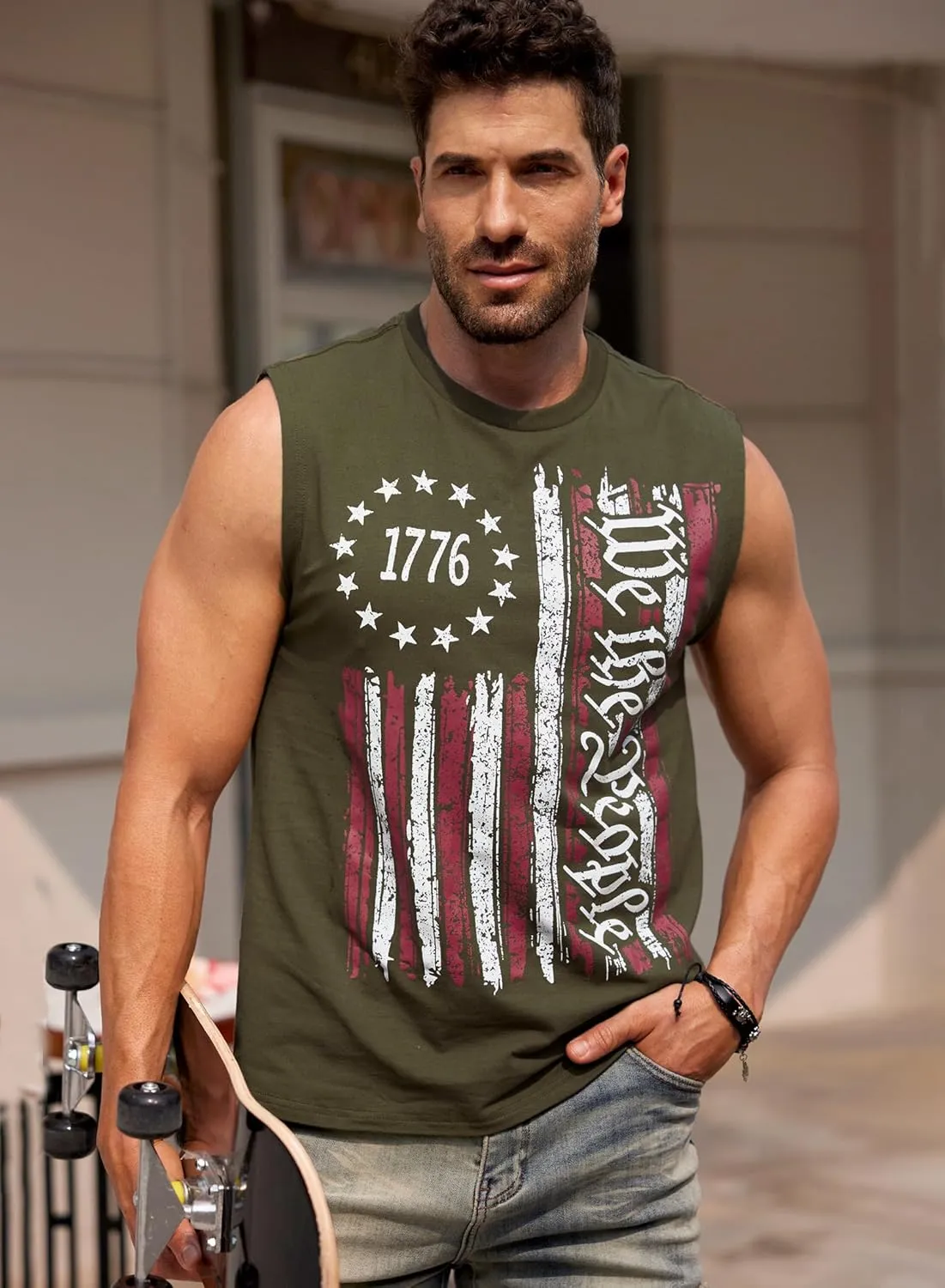 Mainfini Men's Muscle Tank Tops Sleeveless Tee Shirts American Flag Graphic Gym Workout USA Tank (S-3XL)