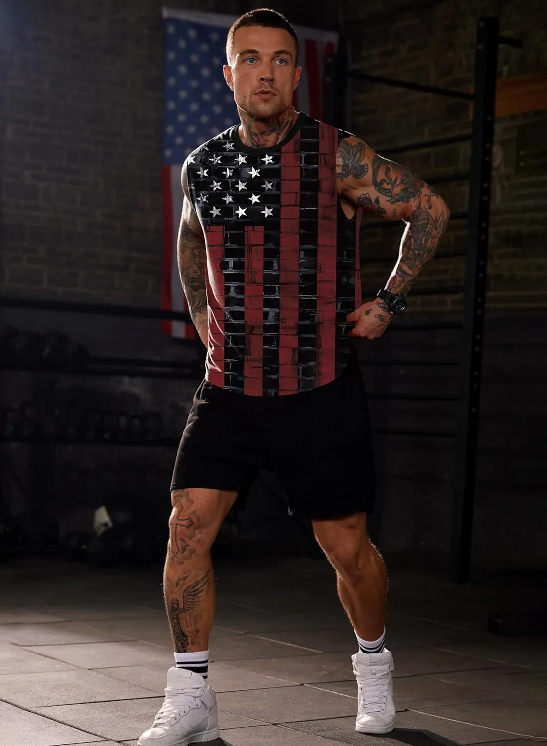 Mainfini Men's Muscle Tank Tops Sleeveless Tee Shirts American Flag Graphic Gym Workout USA Tank (S-3XL)