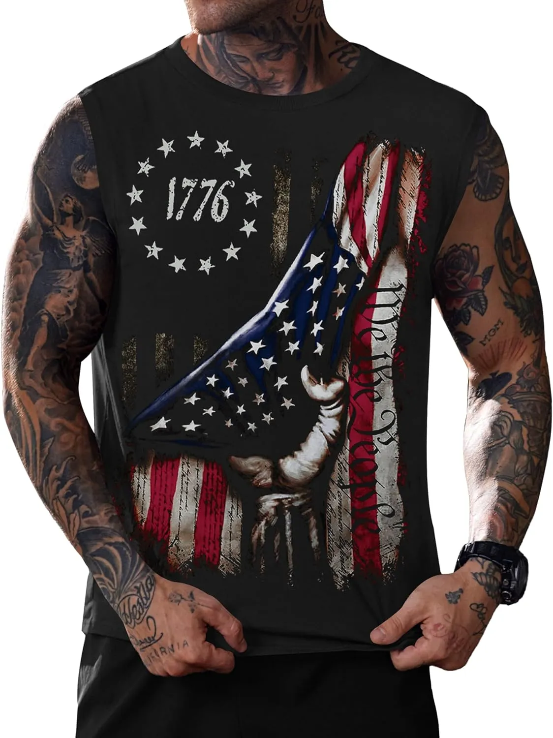 Mainfini Men's Muscle Tank Tops Sleeveless Tee Shirts American Flag Graphic Gym Workout USA Tank (S-3XL)