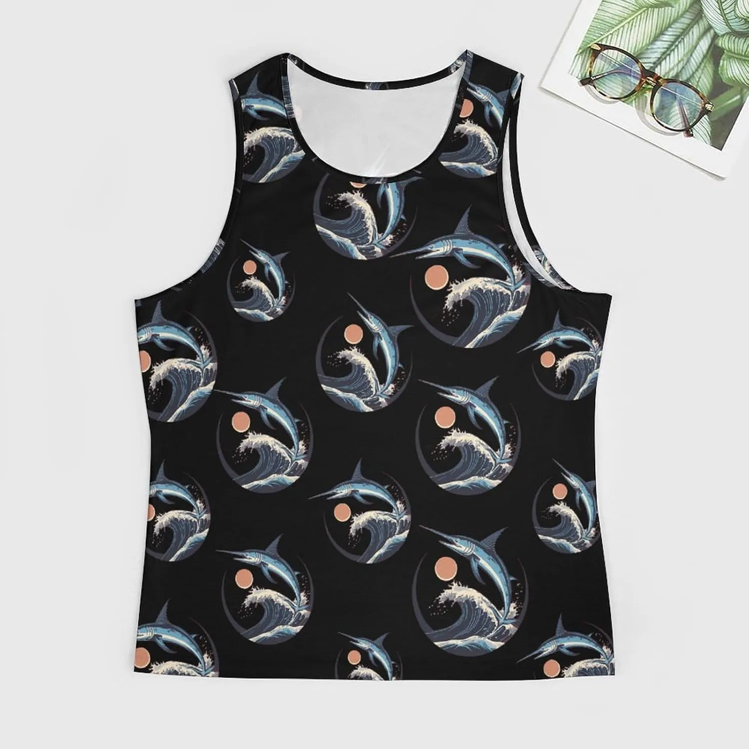 Marlin Fish Jumping Ocean Waves Sunset Soft Tank Tops Men Workout Vest Quick Dry Casual T-Shirts Gym Running