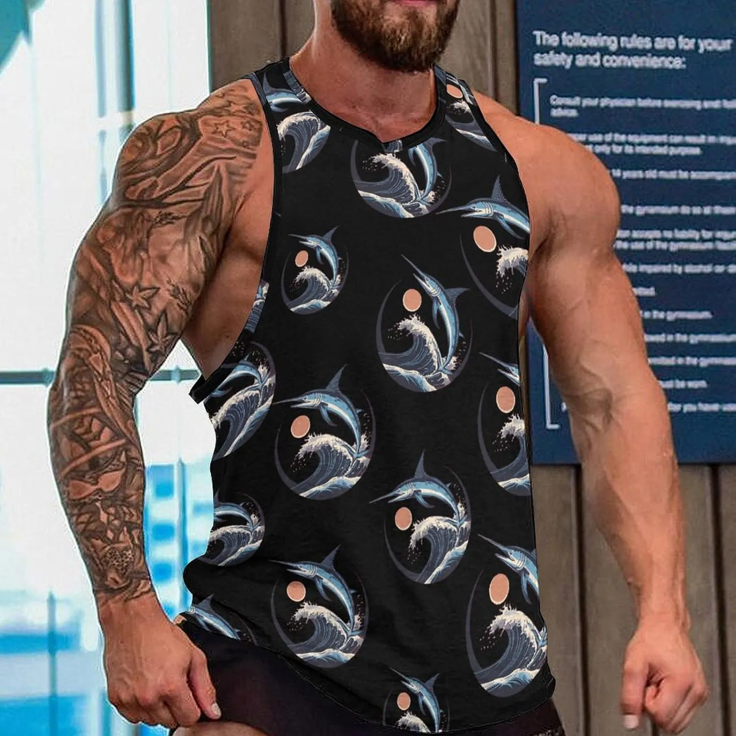 Marlin Fish Jumping Ocean Waves Sunset Soft Tank Tops Men Workout Vest Quick Dry Casual T-Shirts Gym Running