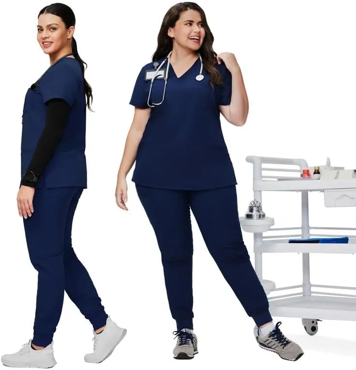 Medical Scrub Pants for Women - Mid Rise 4-Way Stretch Anti-Wrinkle Slim Fit Jogger Pants, Drawstring & 5 Pockets