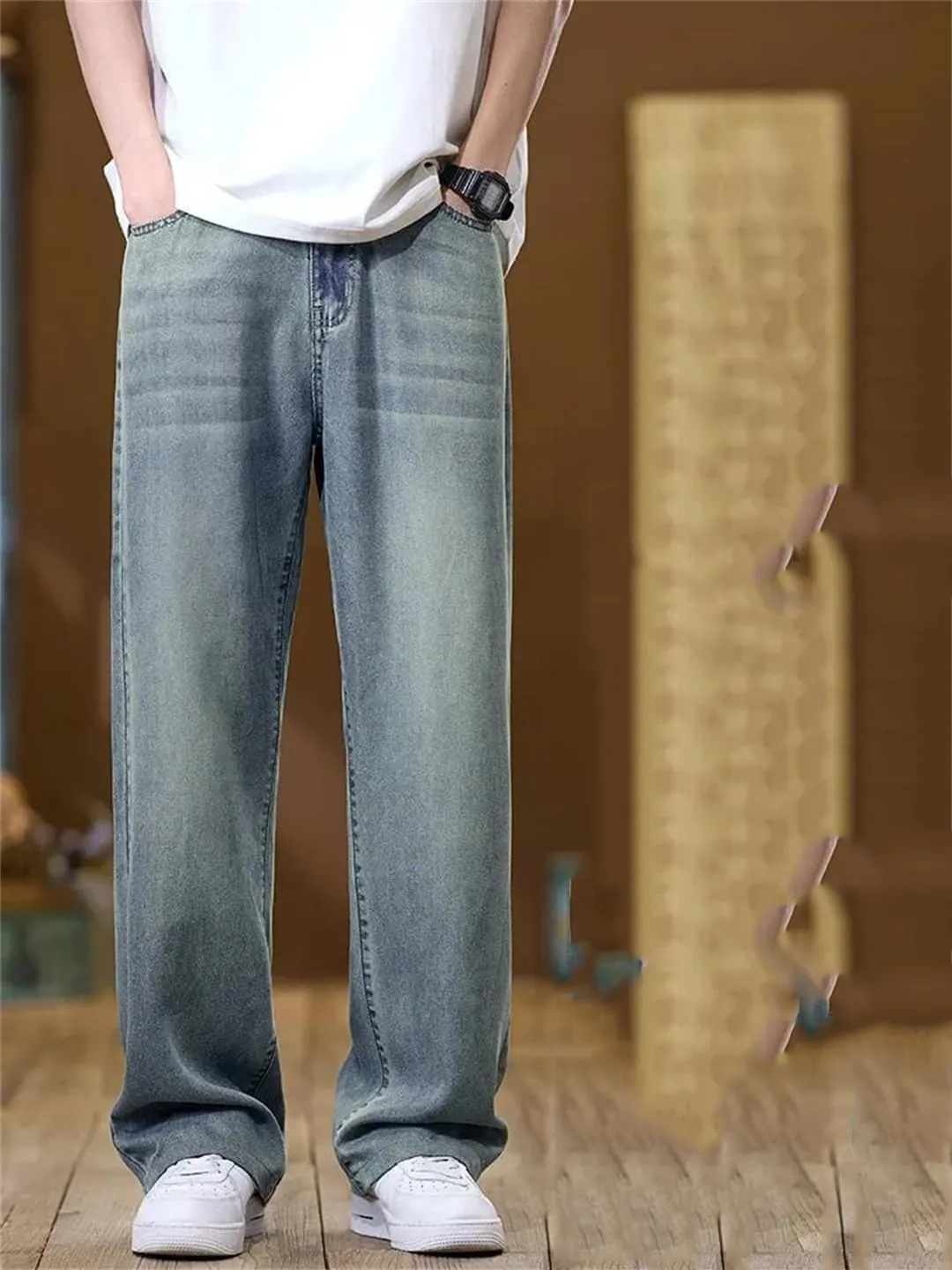 Men Lyocell Thin Jeans Soft Wide Trousers Straight Comfortable Loose Denim Pants Streetwear