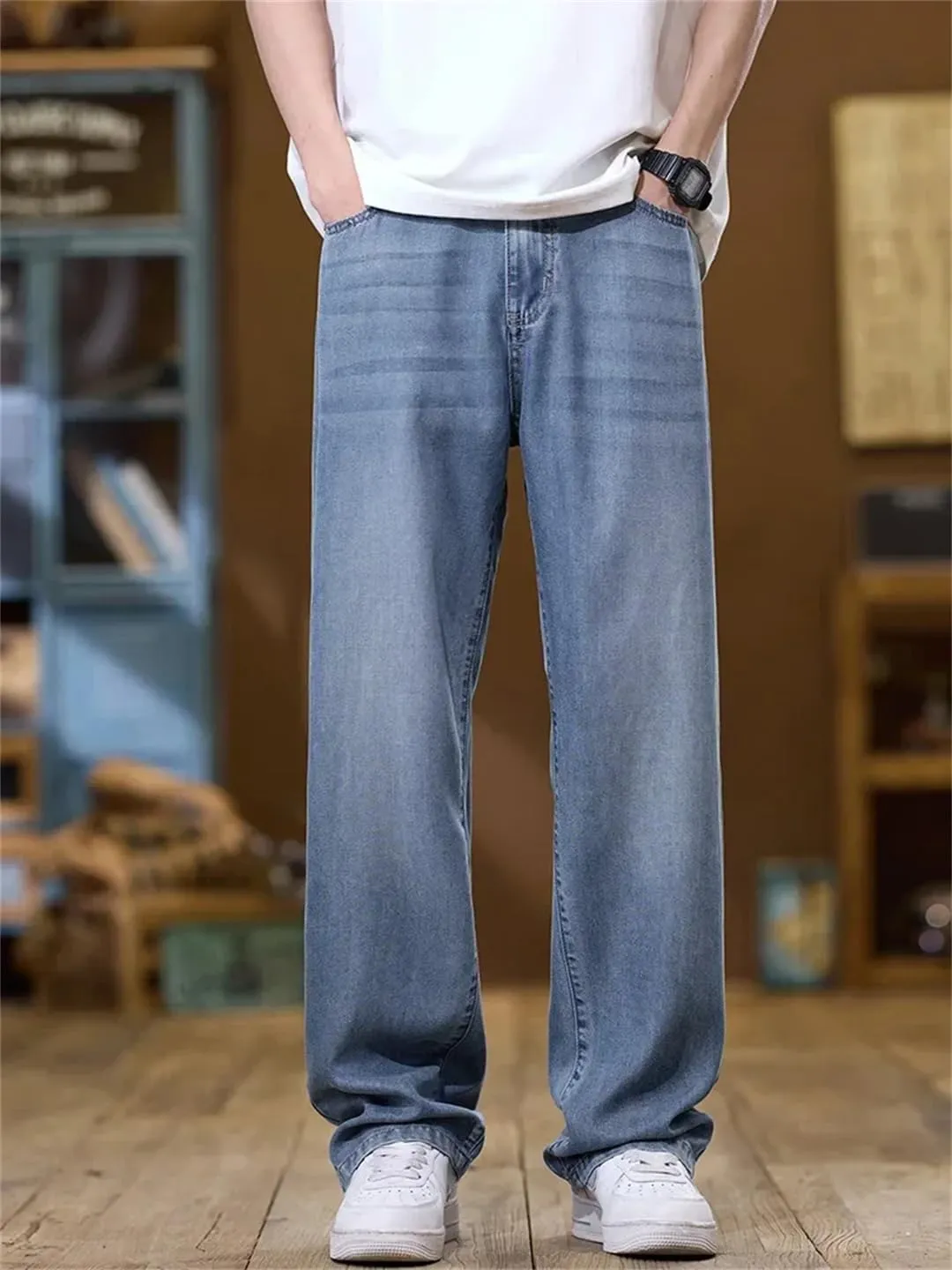 Men Lyocell Thin Jeans Soft Wide Trousers Straight Comfortable Loose Denim Pants Streetwear