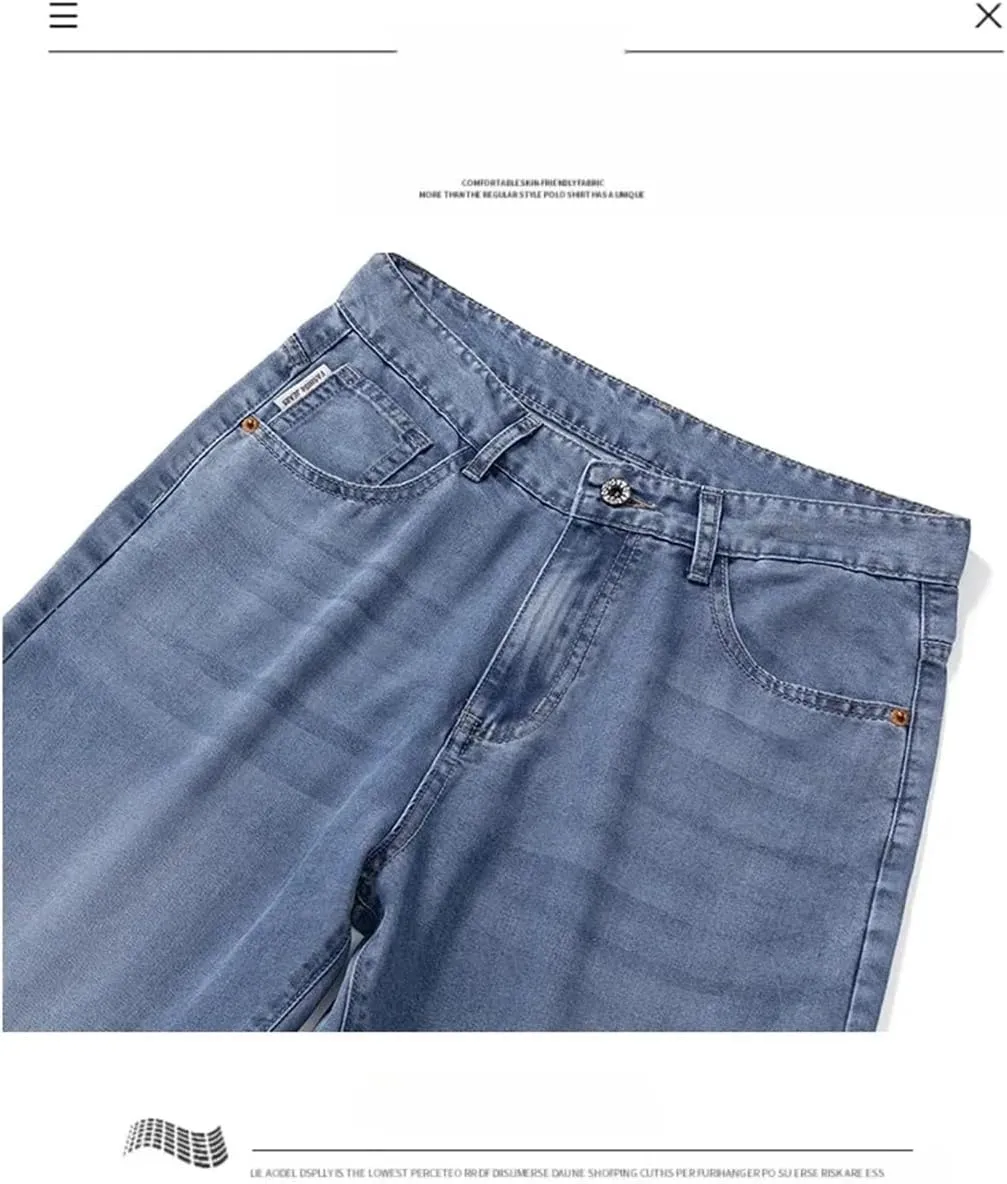 Men Lyocell Thin Jeans Soft Wide Trousers Straight Comfortable Loose Denim Pants Streetwear