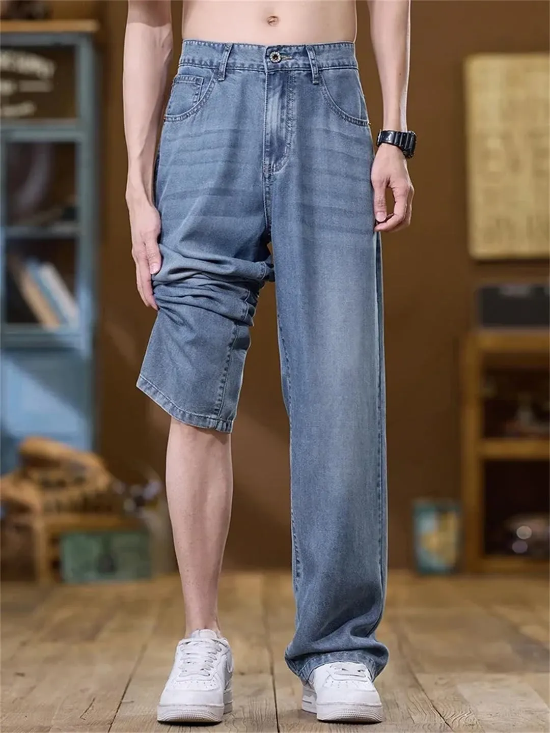 Men Lyocell Thin Jeans Soft Wide Trousers Straight Comfortable Loose Denim Pants Streetwear