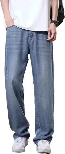 Men Lyocell Thin Jeans Soft Wide Trousers Straight Comfortable Loose Denim Pants Streetwear