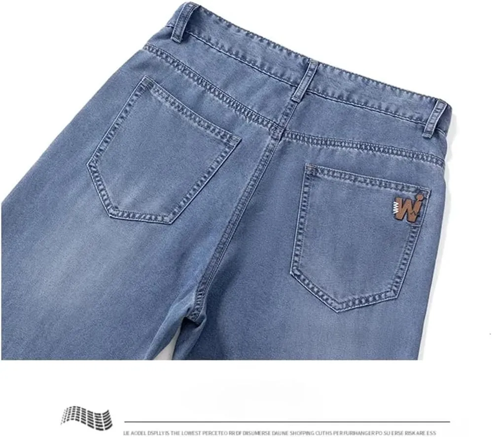 Men Lyocell Thin Jeans Soft Wide Trousers Straight Comfortable Loose Denim Pants Streetwear