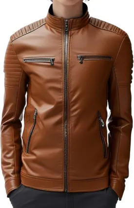 Men Stand Collar Faux Leather Jacket Vintage Zip up PU Motorcycle Outerwear Side Zipper Pocket Classy Cozy Coat
