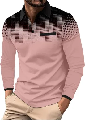 Men's Gradient Printed Sport Shirt Button Lapel Long Sleeve Tops Casual Golf Polo Shirts Fall Winter Tops