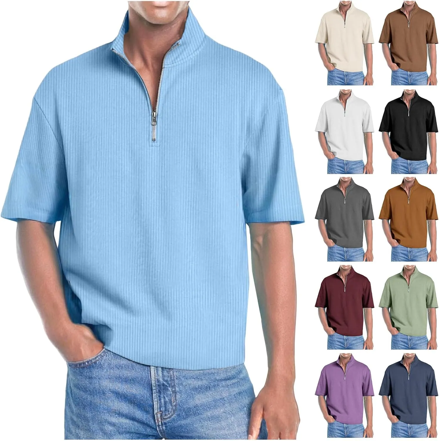 Men's Quarter Zip Polo Shirts 3D Digital Printing T Shirts Solid Color Lapel Short Sleeve Tops Summer Pullover Tops