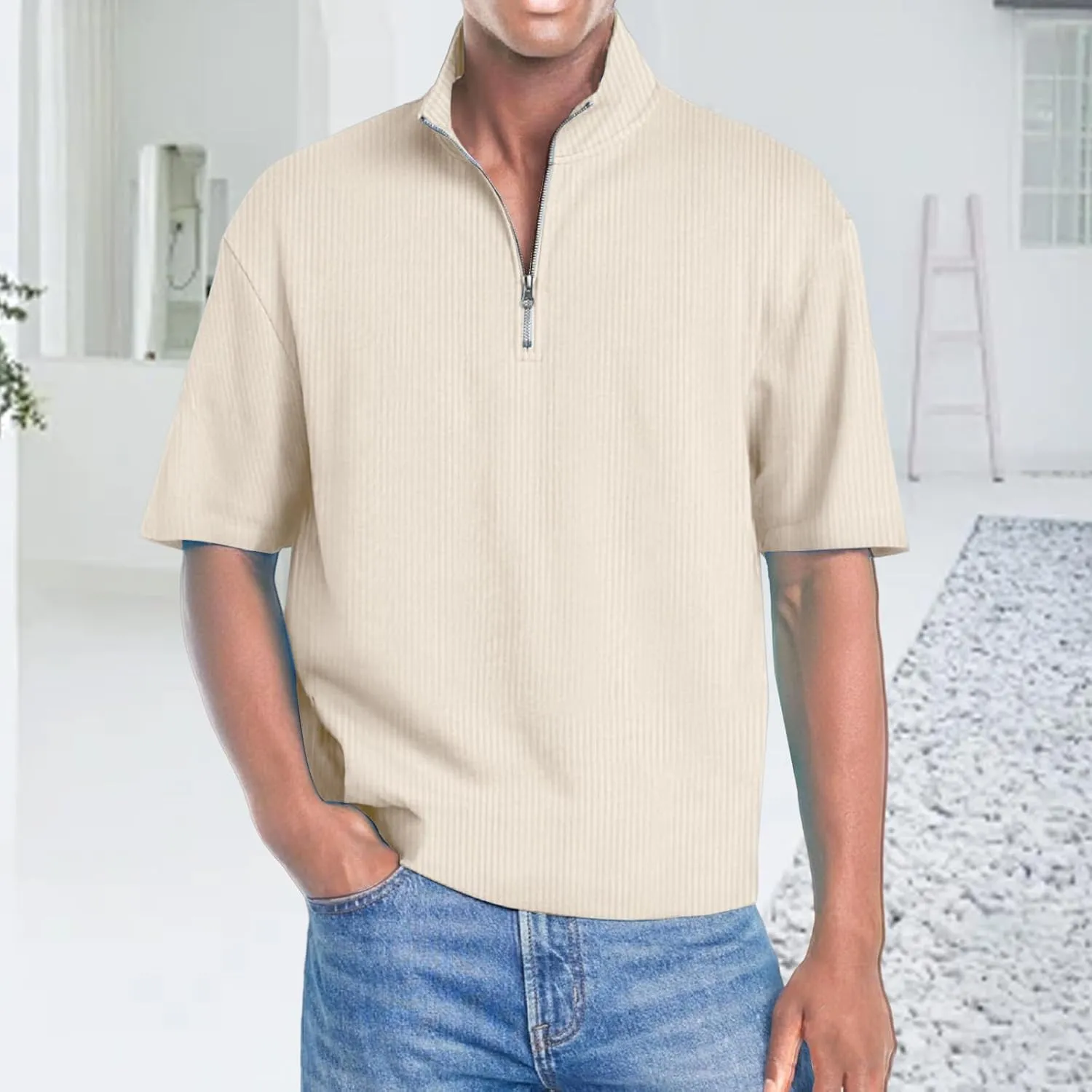 Men's Quarter Zip Polo Shirts 3D Digital Printing T Shirts Solid Color Lapel Short Sleeve Tops Summer Pullover Tops