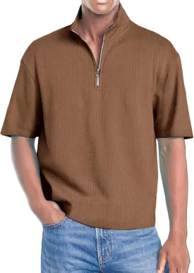 Men's Quarter Zip Polo Shirts 3D Digital Printing T Shirts Solid Color Lapel Short Sleeve Tops Summer Pullover Tops