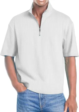 Men's Quarter Zip Polo Shirts 3D Digital Printing T Shirts Solid Color Lapel Short Sleeve Tops Summer Pullover Tops