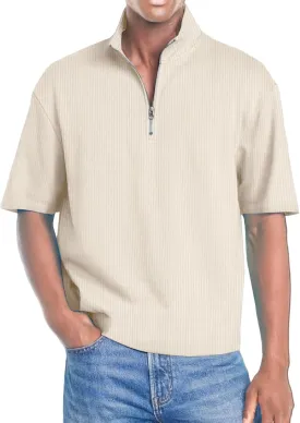 Men's Quarter Zip Polo Shirts 3D Digital Printing T Shirts Solid Color Lapel Short Sleeve Tops Summer Pullover Tops