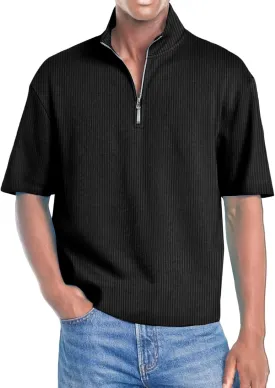 Men's Quarter Zip Polo Shirts 3D Digital Printing T Shirts Solid Color Lapel Short Sleeve Tops Summer Pullover Tops