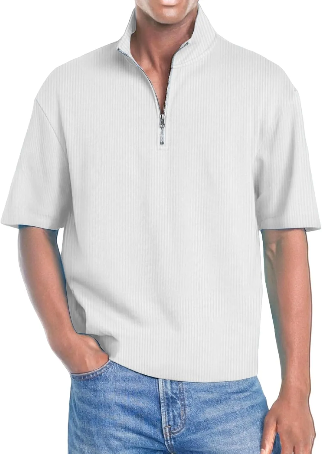 Men's Quarter Zip Polo Shirts 3D Digital Printing T Shirts Solid Color Lapel Short Sleeve Tops Summer Pullover Tops