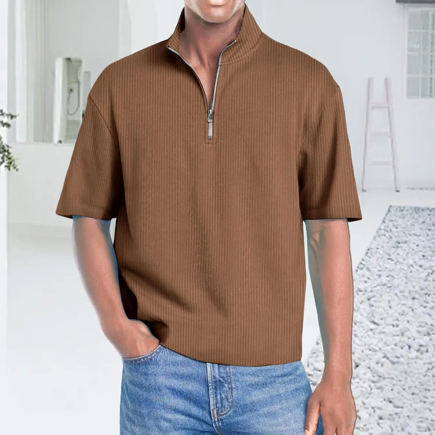 Men's Quarter Zip Polo Shirts 3D Digital Printing T Shirts Solid Color Lapel Short Sleeve Tops Summer Pullover Tops
