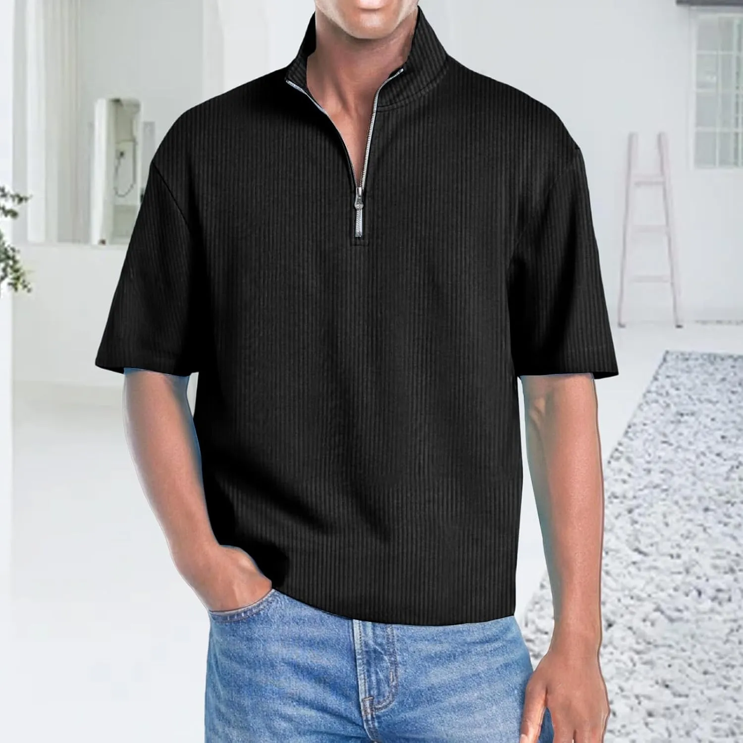 Men's Quarter Zip Polo Shirts 3D Digital Printing T Shirts Solid Color Lapel Short Sleeve Tops Summer Pullover Tops