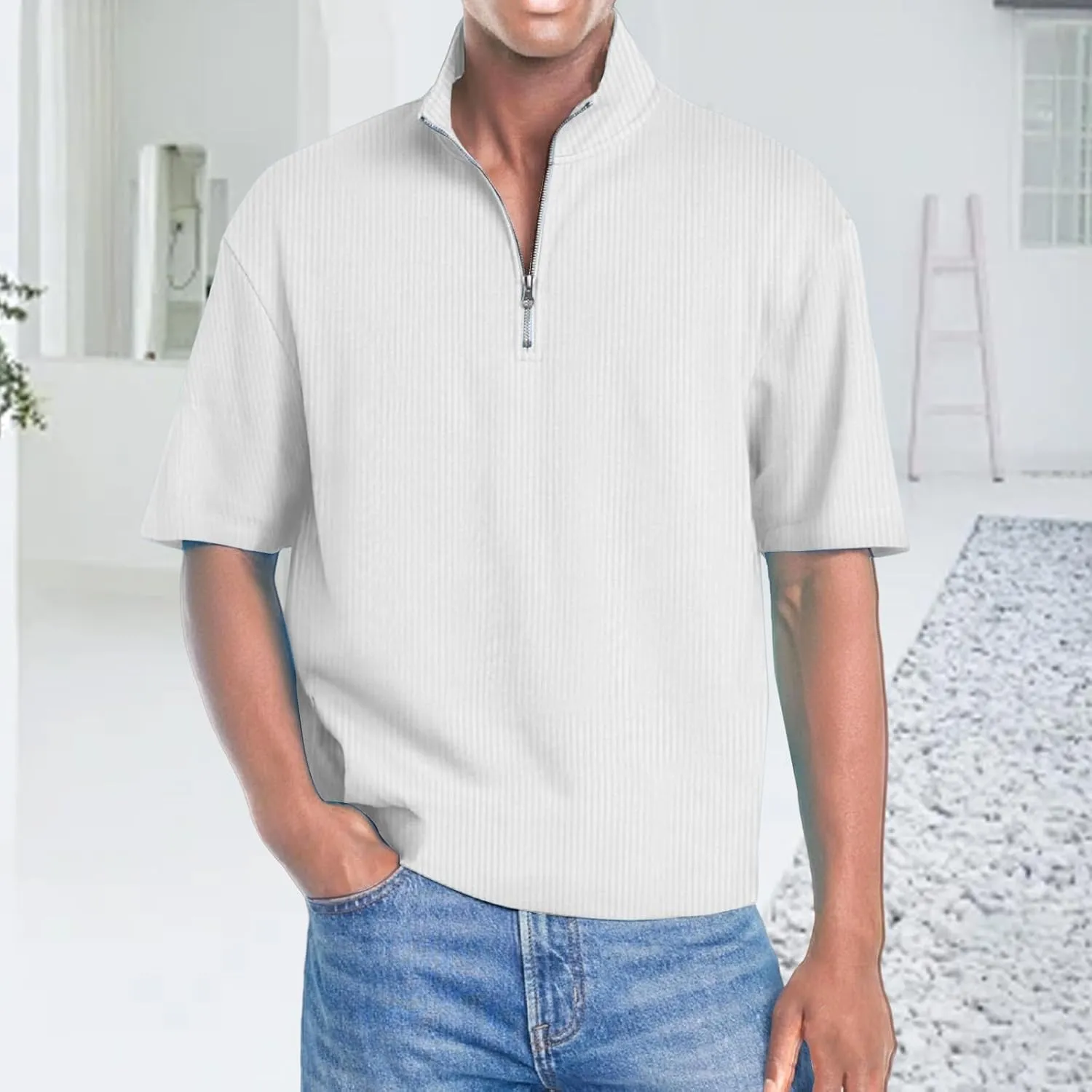 Men's Quarter Zip Polo Shirts 3D Digital Printing T Shirts Solid Color Lapel Short Sleeve Tops Summer Pullover Tops