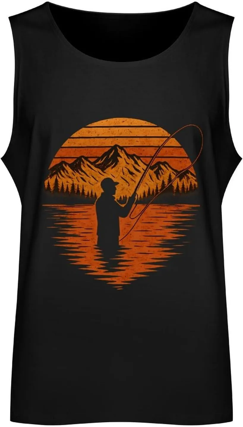 Men's Sleeveless Gym Vintage Sunset Mountain Landscape Tank Top Workout Cotton T-Shirt