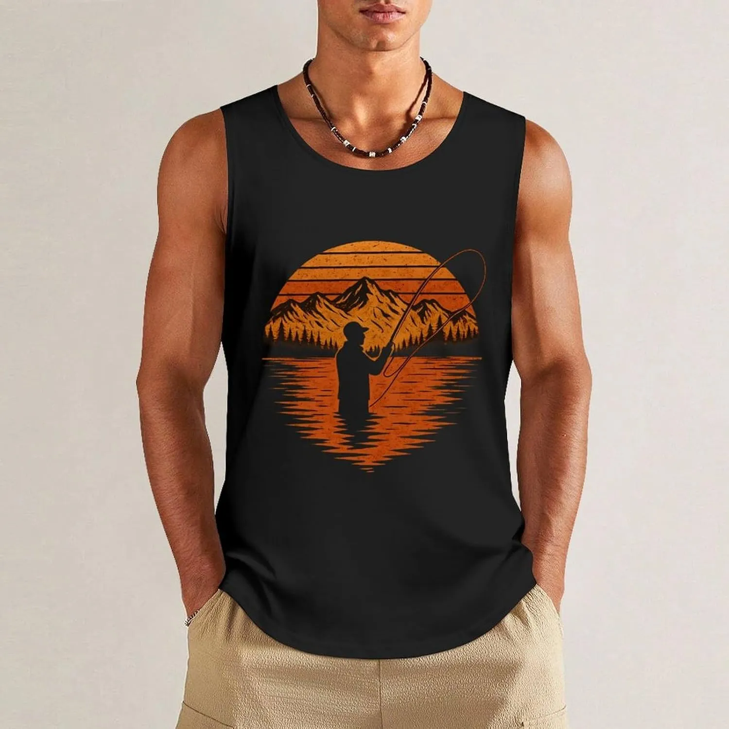 Men's Sleeveless Gym Vintage Sunset Mountain Landscape Tank Top Workout Cotton T-Shirt