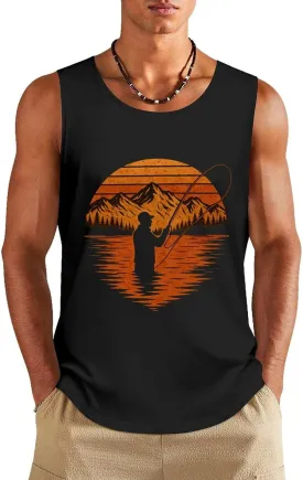 Men's Sleeveless Gym Vintage Sunset Mountain Landscape Tank Top Workout Cotton T-Shirt
