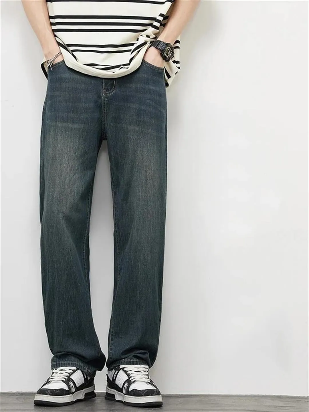 Men's Straight Vintage Jeans Soft Lyocell Trousers Personality Baggy Denim Pants