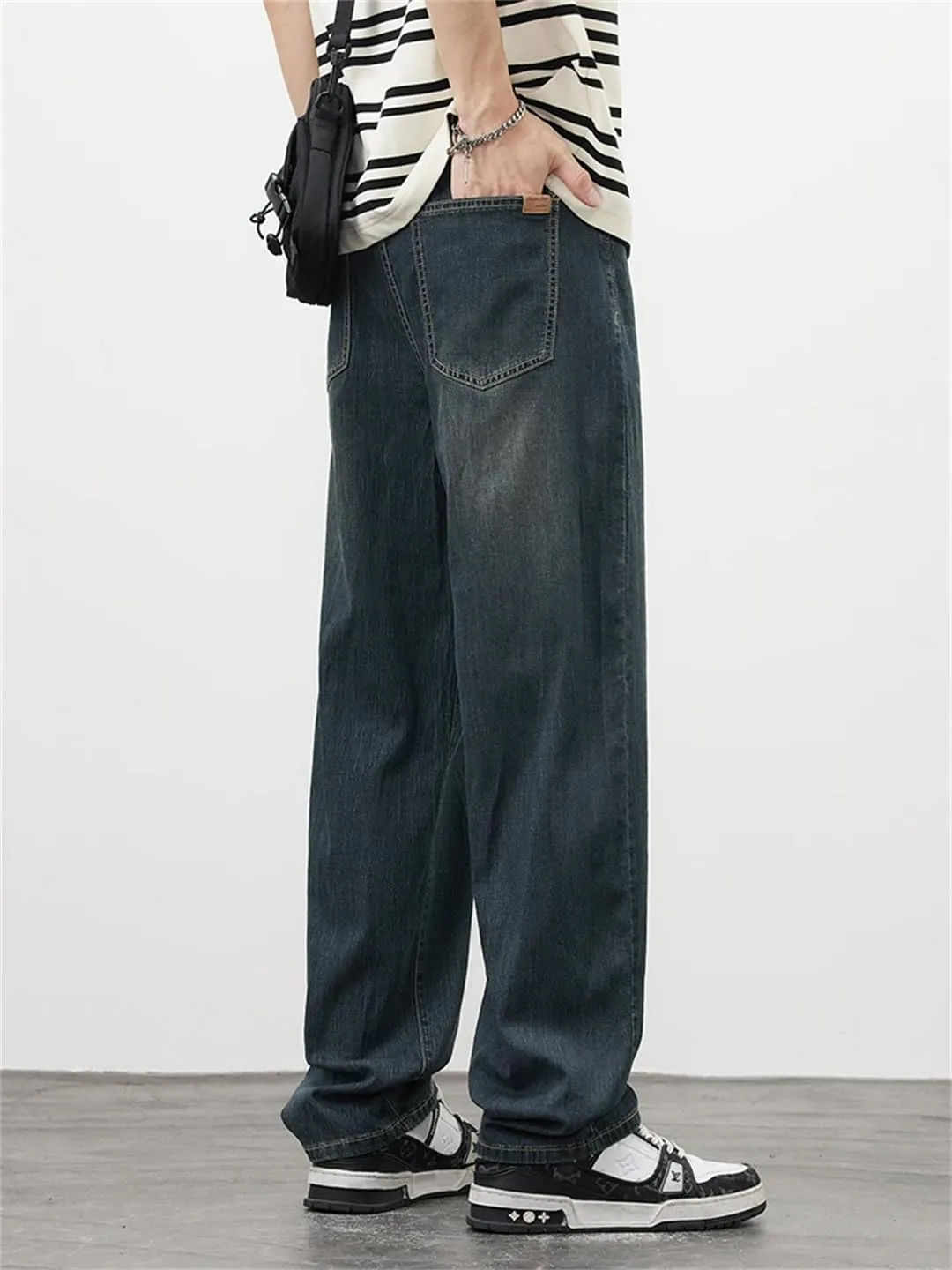 Men's Straight Vintage Jeans Soft Lyocell Trousers Personality Baggy Denim Pants