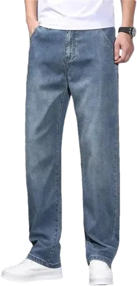 Men's Summer Lyocell Baggy Jeans Thin Breathable Straight Pants Vintage Business Denim Trousers