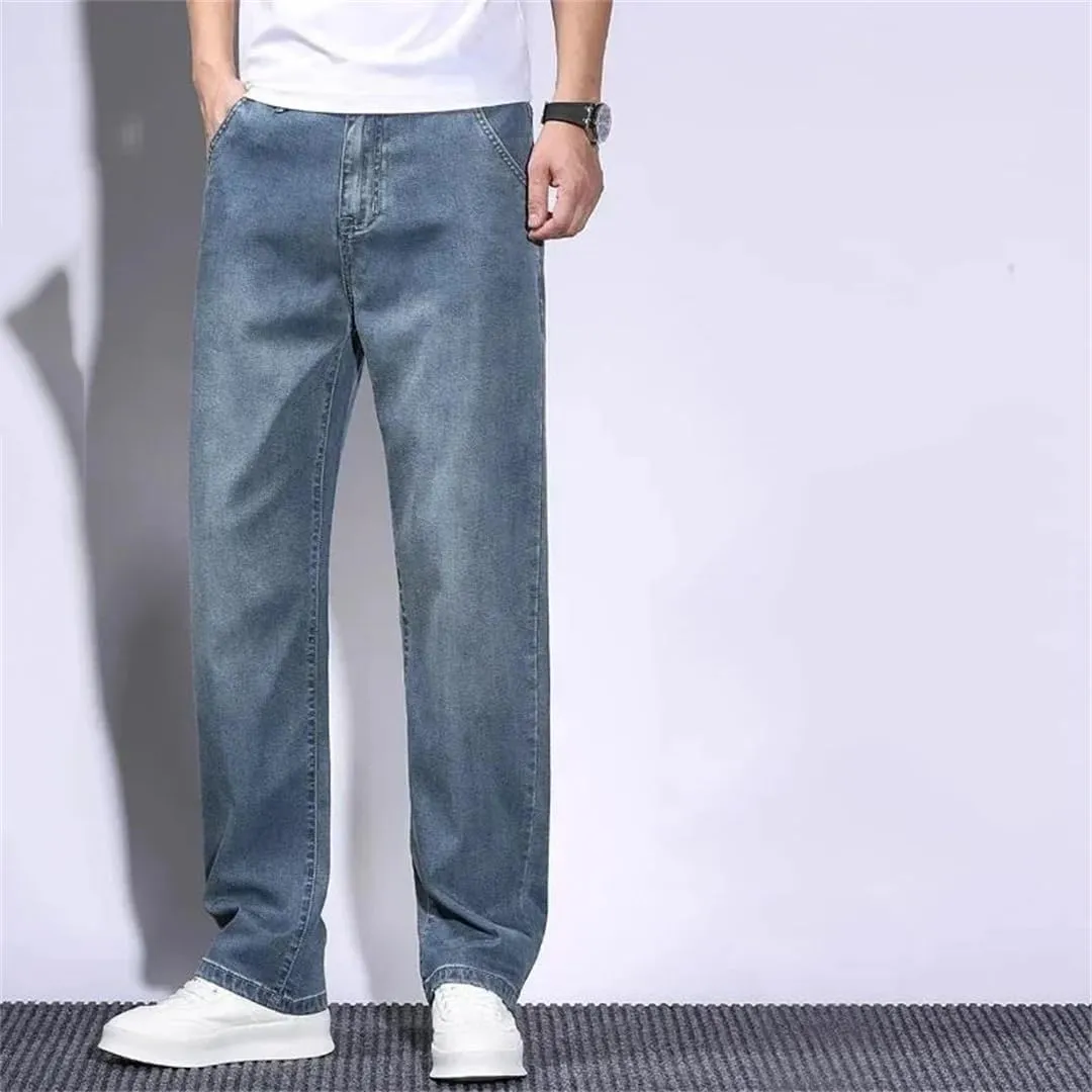 Men's Summer Lyocell Baggy Jeans Thin Breathable Straight Pants Vintage Business Denim Trousers