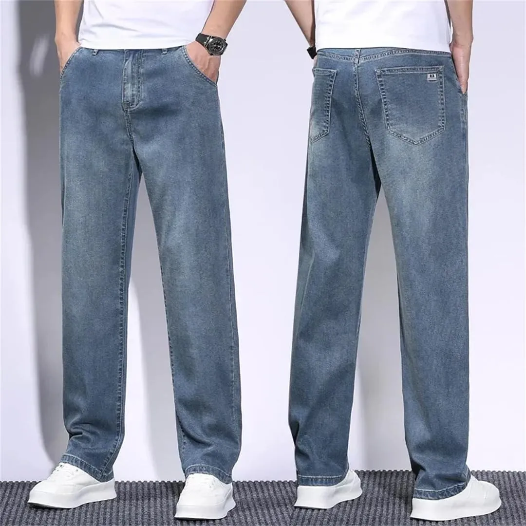 Men's Summer Lyocell Baggy Jeans Thin Breathable Straight Pants Vintage Business Denim Trousers