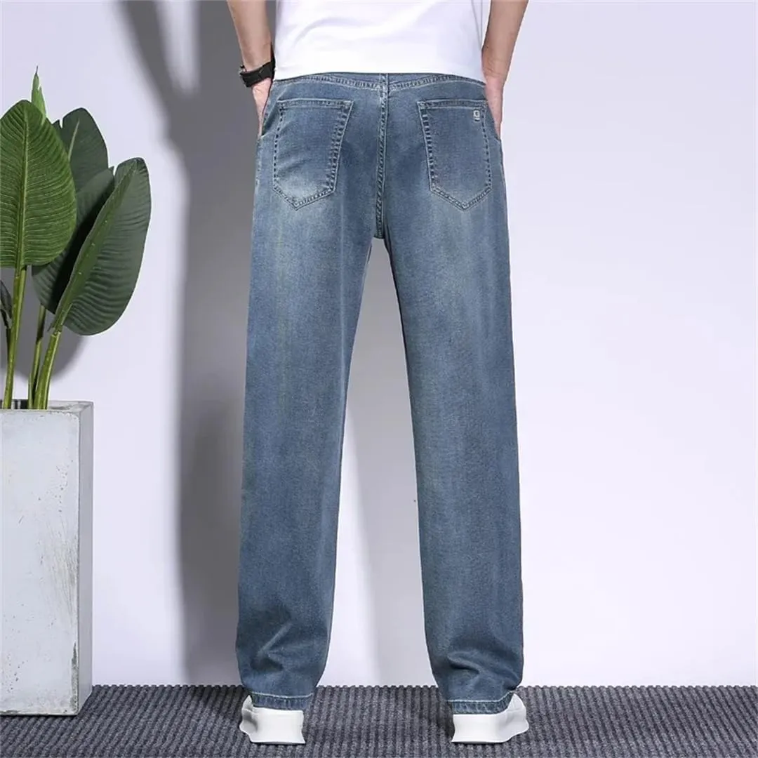 Men's Summer Lyocell Baggy Jeans Thin Breathable Straight Pants Vintage Business Denim Trousers