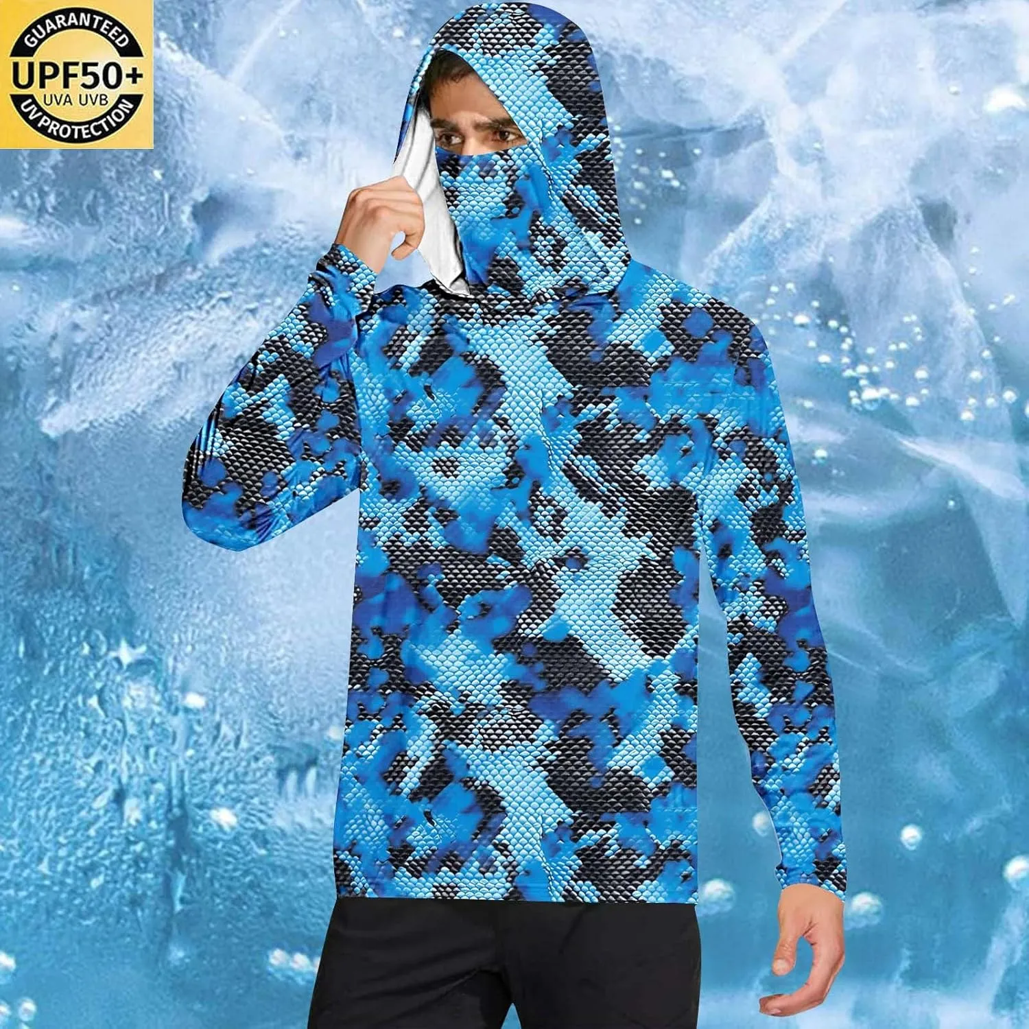 Mens UPF 50  Fishing Shirts Tops Long Sleeve UV Sun Protection Rash Guard Lightweight Sun Hoodie with Face Mask